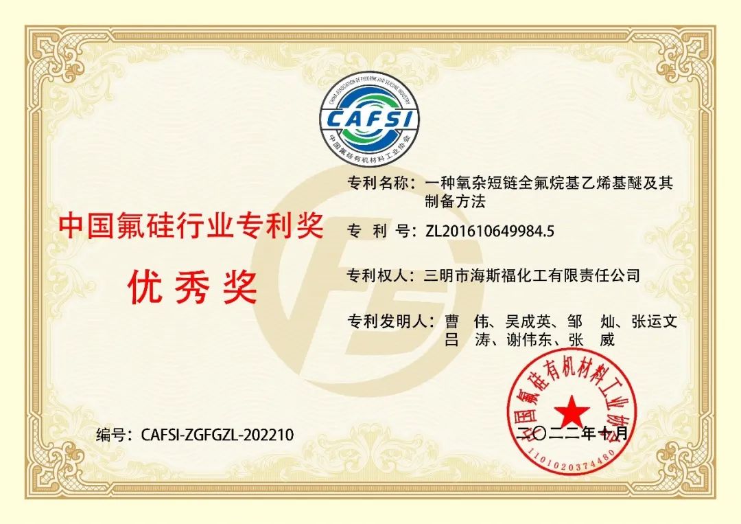 三明海斯福榮獲2022年中國氟硅行業專利優秀獎